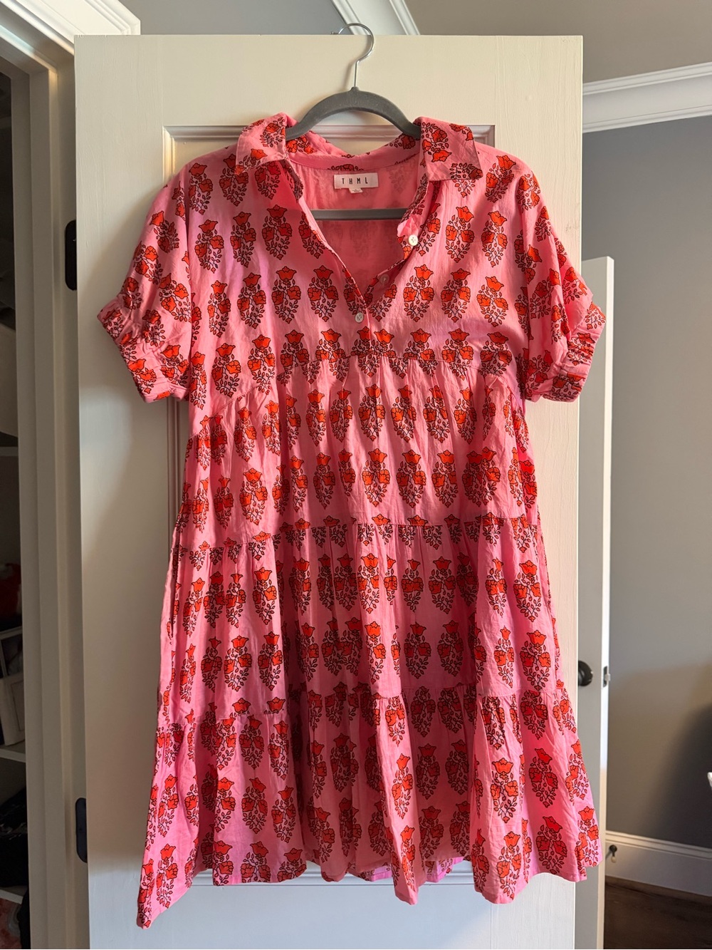 THML Pink Shirt Dress with Red Floral Print